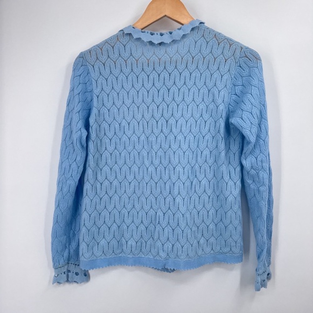 Vintage 70s Blue Open Knit Cardigan Womens M Lace Coquette Pastel Feminine Cute - Picture 6 of 8
